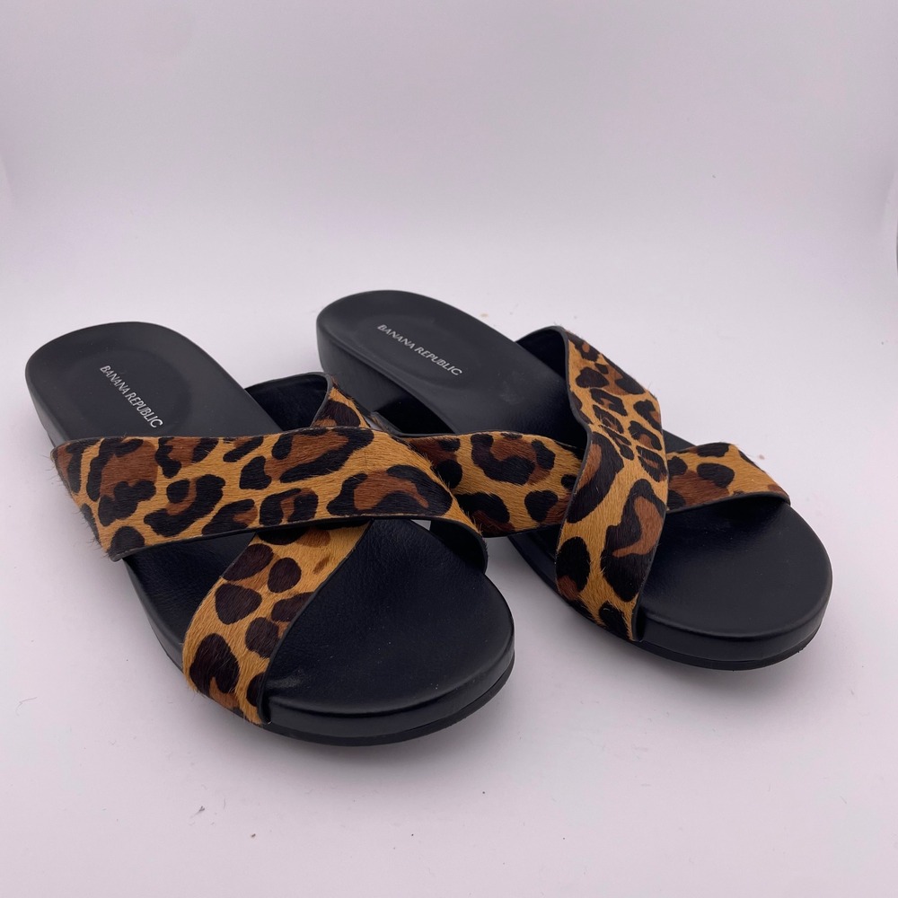 Banana Republic Leopard Calf Hair Crisscross Slide Sandals Womens 6 Animal Print
